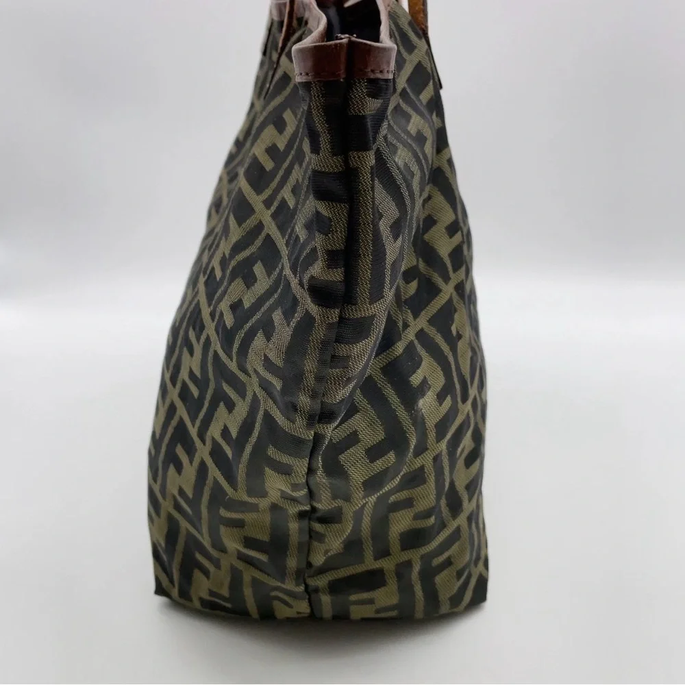 Authentic Fendi Zucca Nylon Leather Khaki Tote Bag W/Pouch